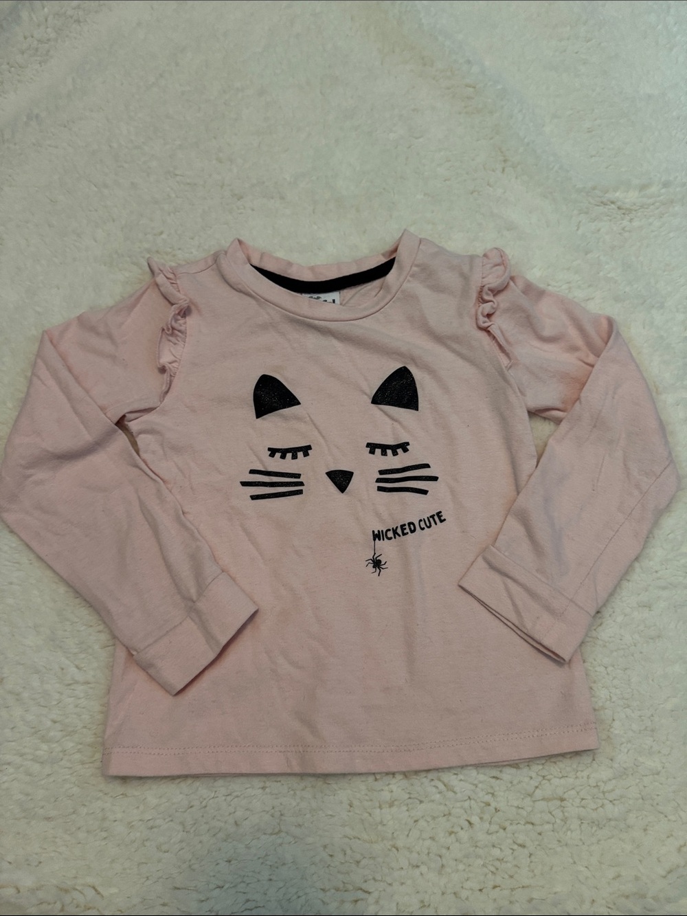 Girls Long Sleeve Pink Cat Face Top with Ruffle Shoulders